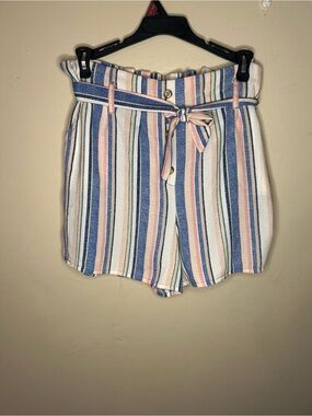 Knitworks Striped Paperbag Waist Shorts - Blue & Pink
